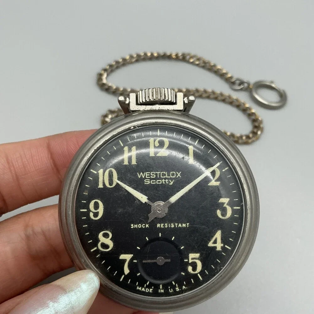 Vintage Westclox Scotty Pocket Watch Men 50mm Black Dial Silver Manual Wind